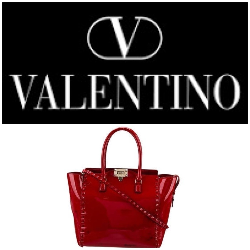 ‼️WOW‼️VALENTINO GARAVANI Rock stud Tote RED PATENT LEATHER Bag‼️STUNNING♥️